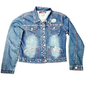 NEESO London Women's Jean Jacket L Metal‎ Studs Patches Red New York Retro Y2K